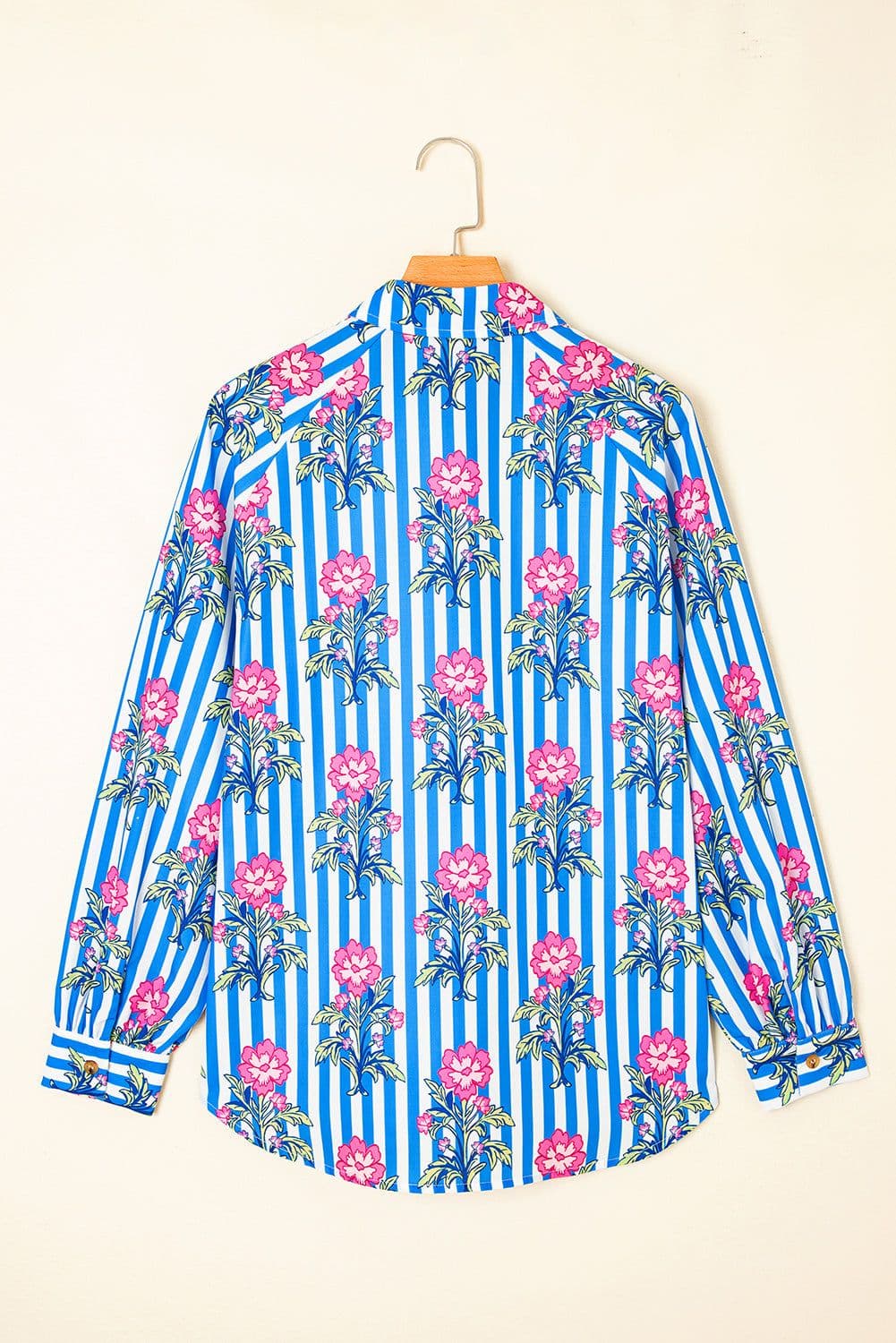 image-Blue Striped Floral Print Buttoned Cuffs Loose Fit Shirt