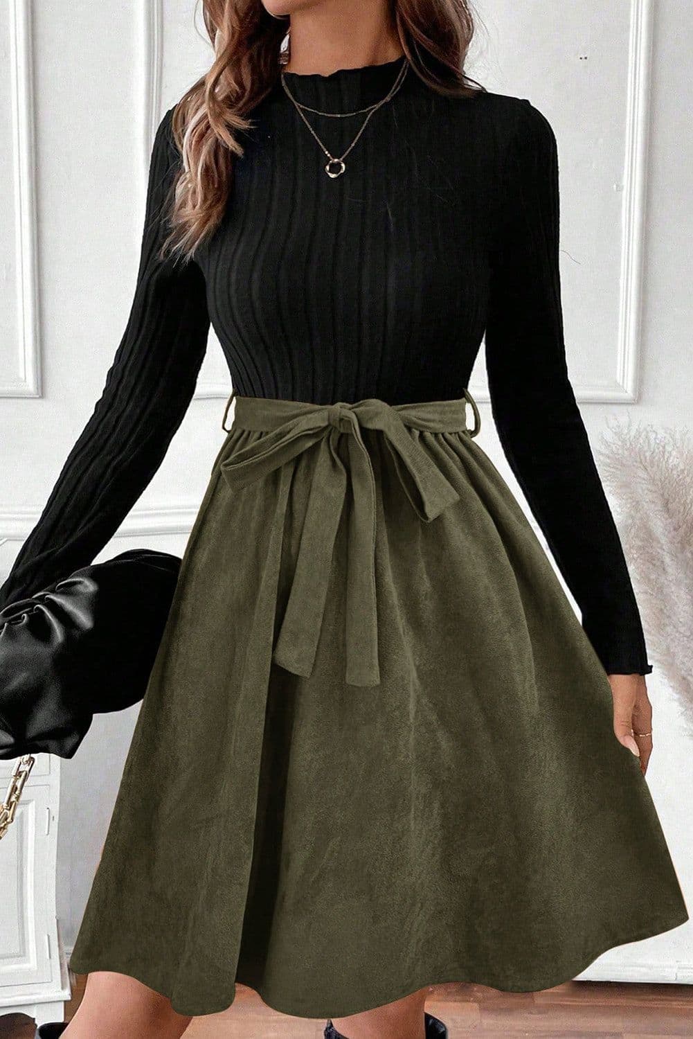 image-Black Ribbed Knit Flared Dress with Belt