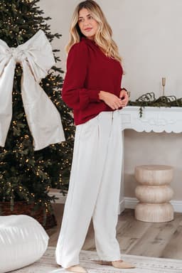 image-Burgundy Long Sleeve Blouse Shirred Cuff V-Neck