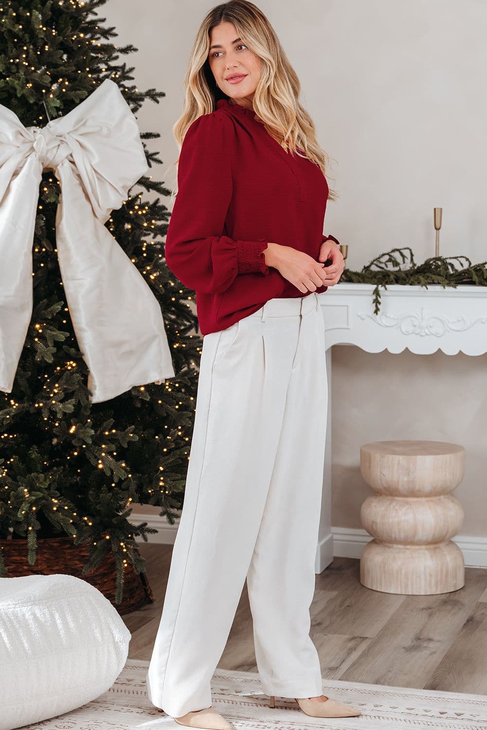 image-Burgundy Long Sleeve Blouse Shirred Cuff V-Neck