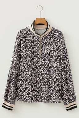 image-Khaki Leopard Print Half Zip Blouse