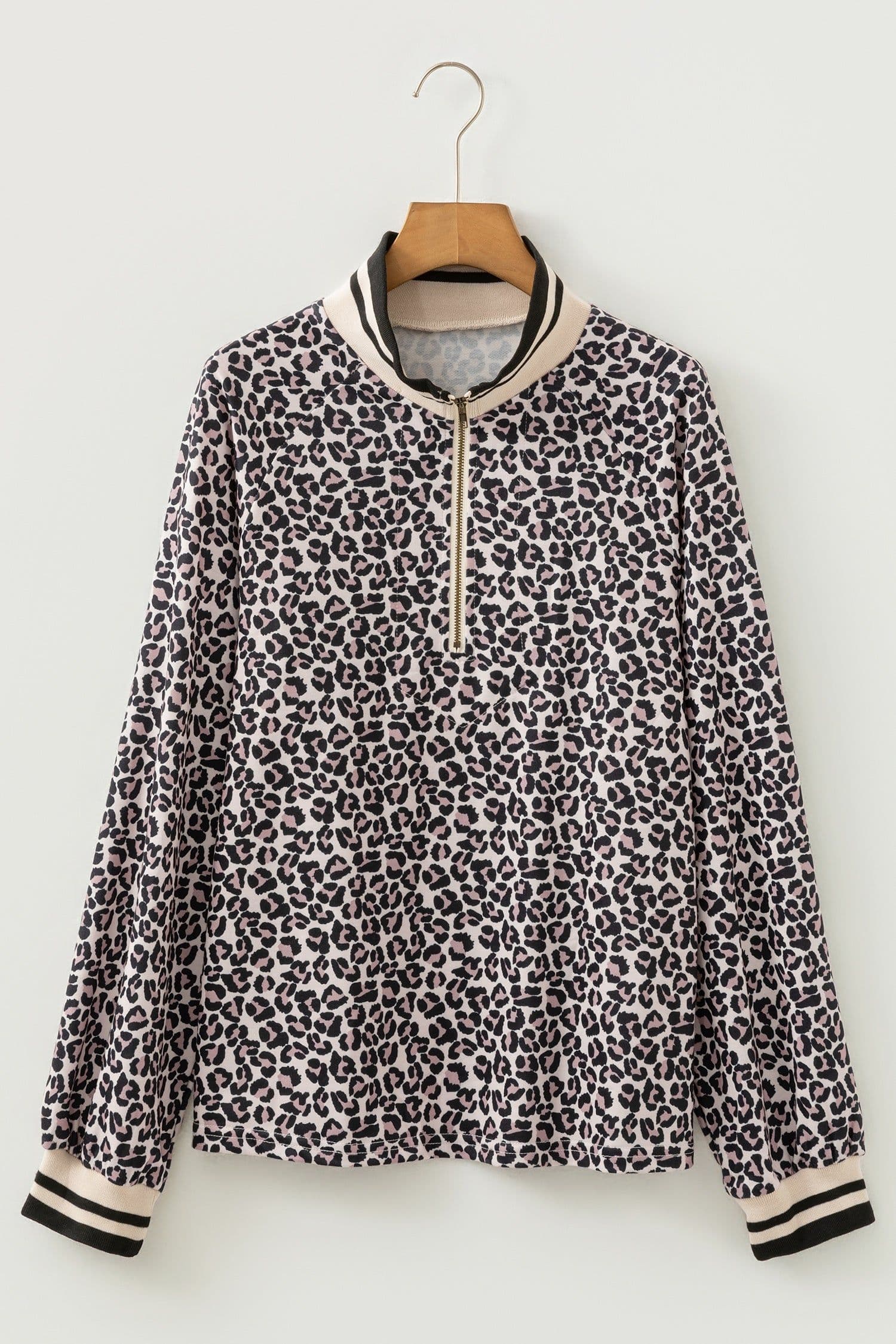 image-Khaki Leopard Print Half Zip Blouse