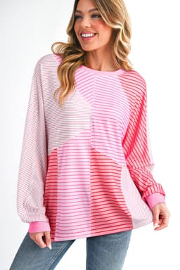 image-Sachet Pink Striped Colorblock Casual Top