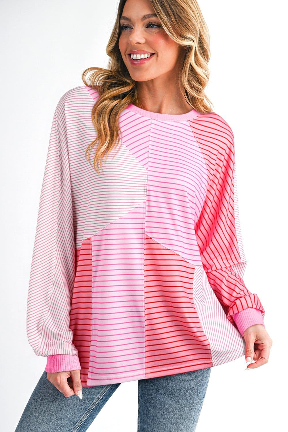image-Sachet Pink Striped Colorblock Casual Top