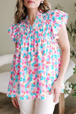 image-Sky Blue Abstract Printed Ruffled Blouse - Shirred Yoke Design