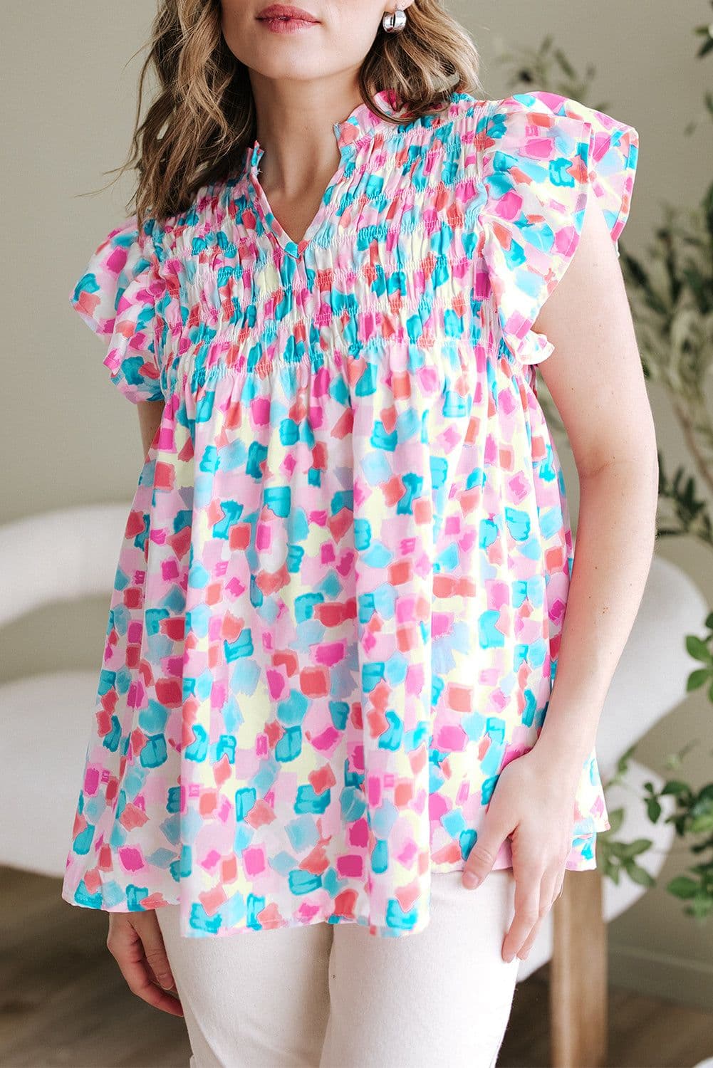 image-Sky Blue Abstract Printed Ruffled Blouse - Shirred Yoke Design