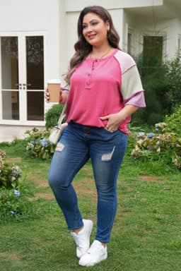 image-Plus Size Twisted Rib Color Block Henley Top - Bright Pink