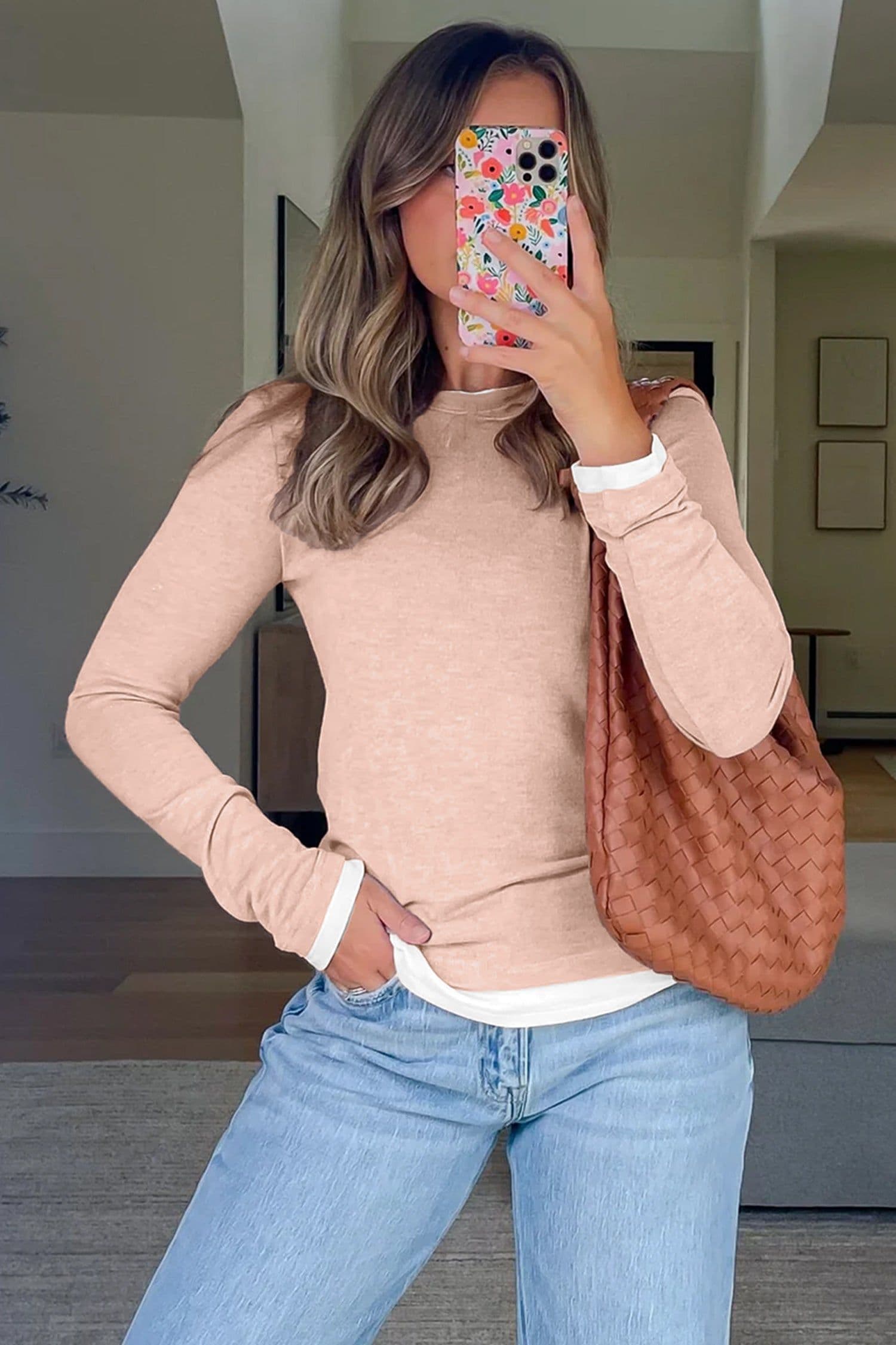 image-Smoke Gray Color Block Patchwork Long Sleeve Top