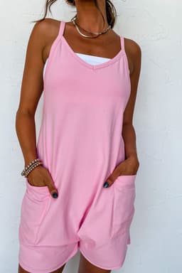 image-Pink Sleeveless V Neck Jersey Romper with Pockets