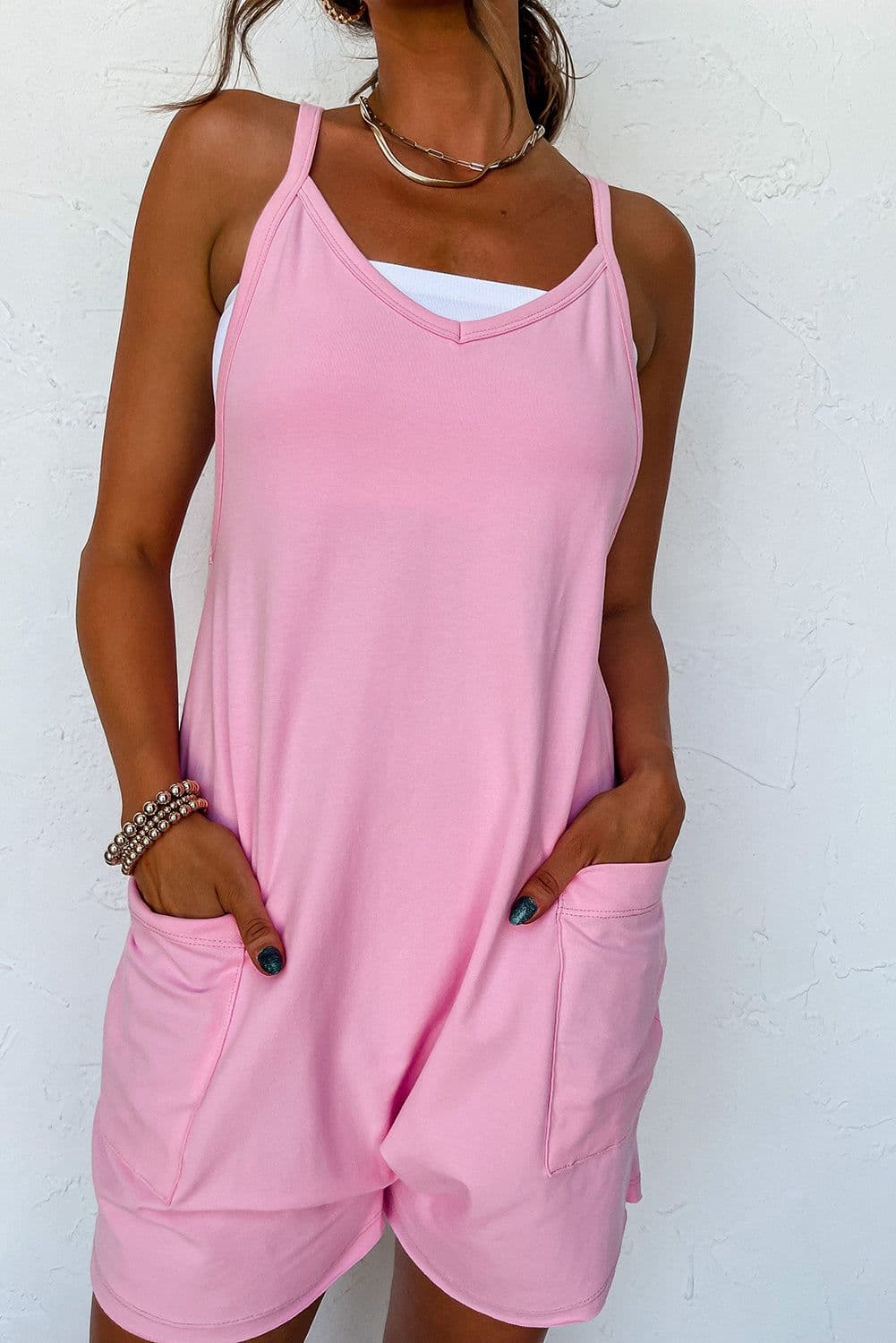 image-Pink Sleeveless V Neck Jersey Romper with Pockets