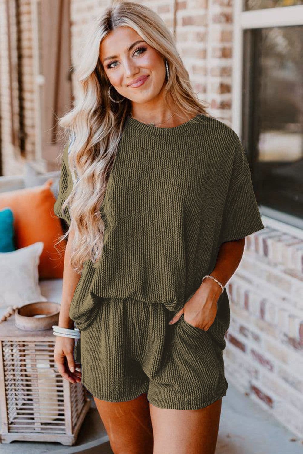 image-Orange Ribbed Textured Knit Loose Fit Tee and Shorts Set