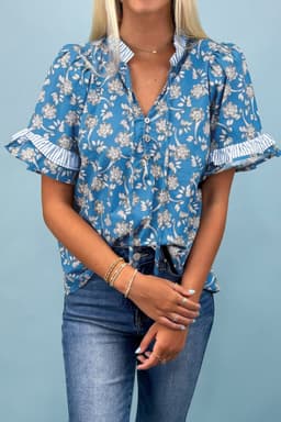 image-Blue Floral Print Tie Neck Short Sleeve Blouse