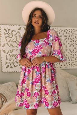 image-Pink Summer Floral Puff Sleeve Babydoll Dress