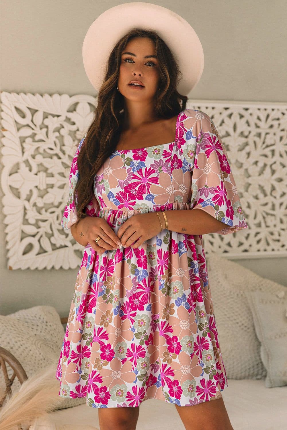 image-Pink Summer Floral Puff Sleeve Babydoll Dress