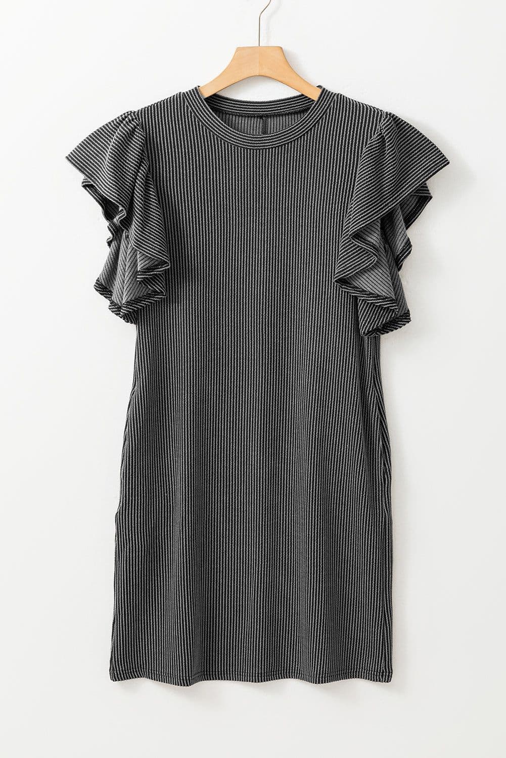 image-Black Textured Ruffled Flutter Sleeve Mini Dress