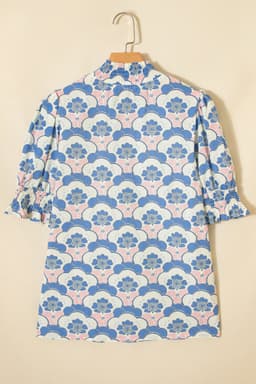 image-Sky Blue Floral Print Flounced Short Sleeve Contrast Trim V Neck Blouse