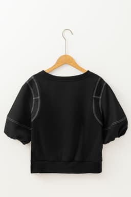 image-Black Puffy Half Sleeve Blouse with Contrast Stitches - Relaxed Fit