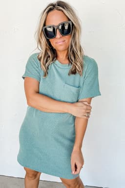 image-Blue Striped Ribbed Knit T-Shirt Shift Dress, Size Chart, Loose Fit, Fashionable Patch Pocket