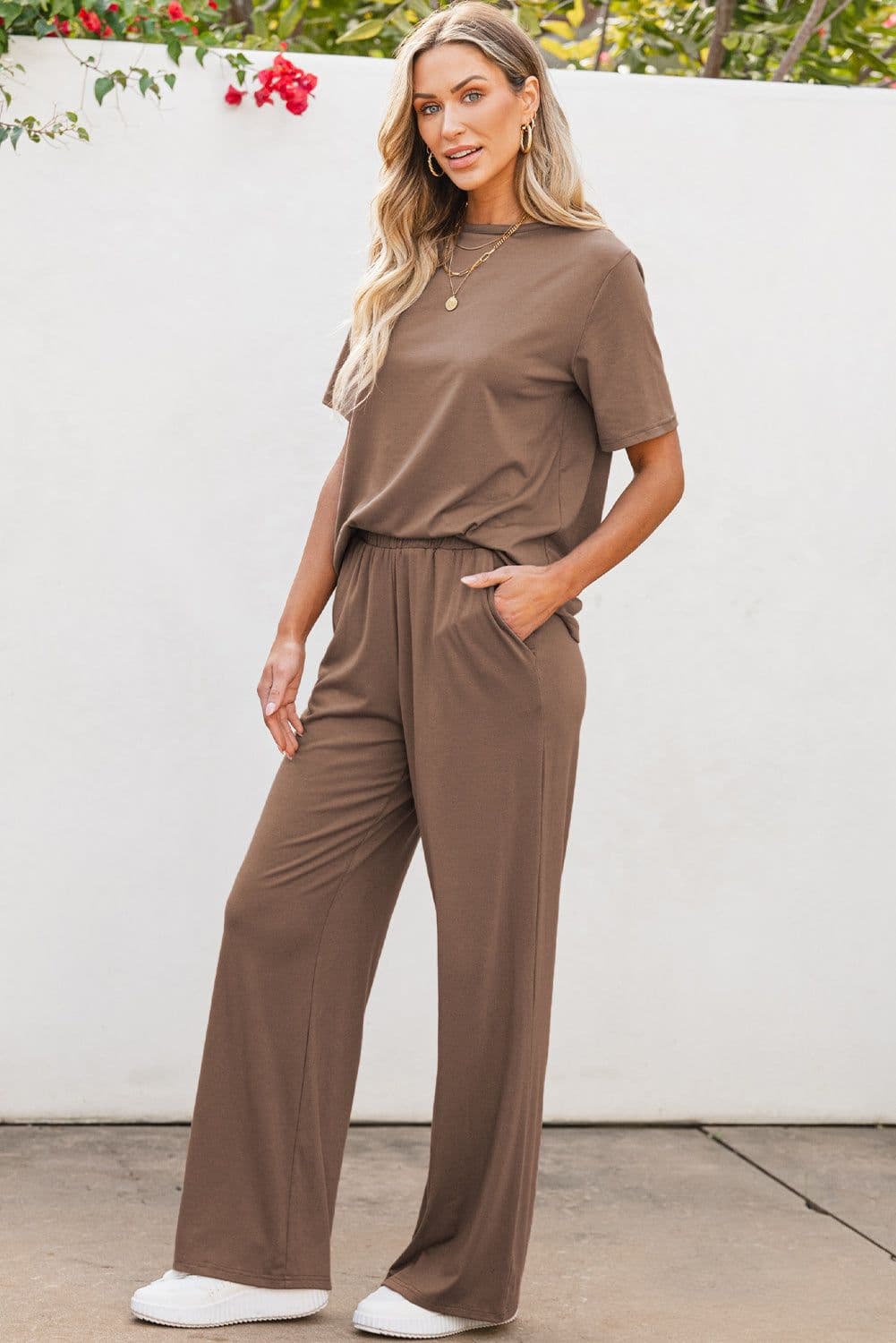 image-Solid Color T-Shirt & Wide Leg Pants Set - 2pcs - Comfortable Fabric