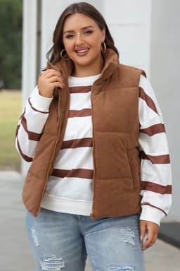 image-Beige Corduroy Puffer Vest Zip Stand Neck