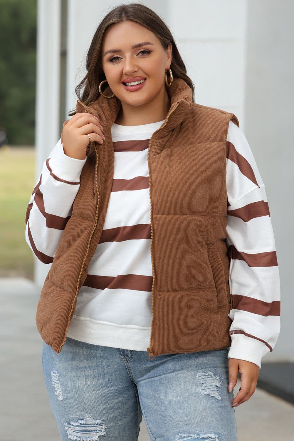 image-Beige Corduroy Puffer Vest Zip Stand Neck