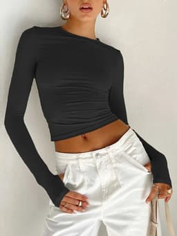 image-Fashion Women T-shirt Long Sleeve Crew Neck Solid Slim Fit Ladies Crop Top with Thumb Holes for Daily Streetwear Summer Camis