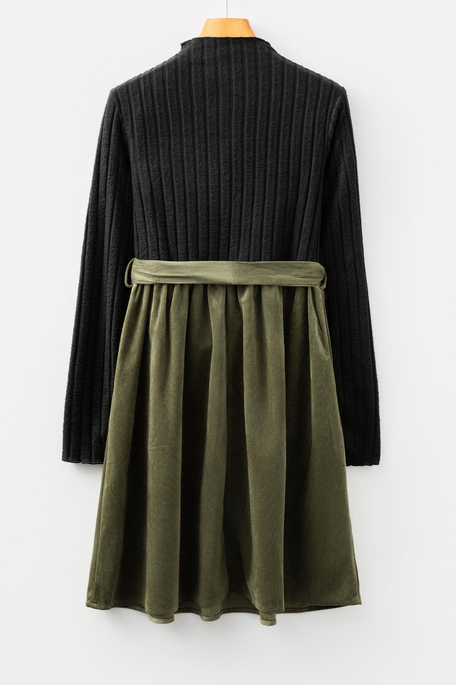 image-Black Ribbed Knit Flared Dress with Belt