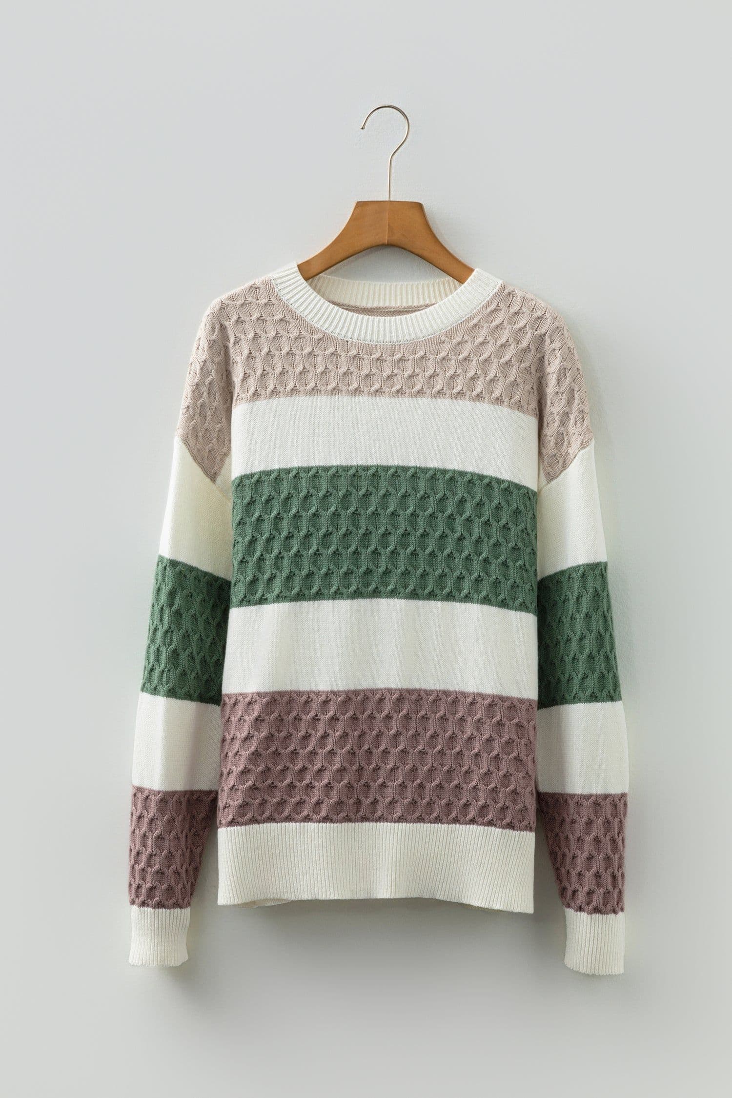 image-Green Mixed Texture Knit Striped Color Block Loose Sweater