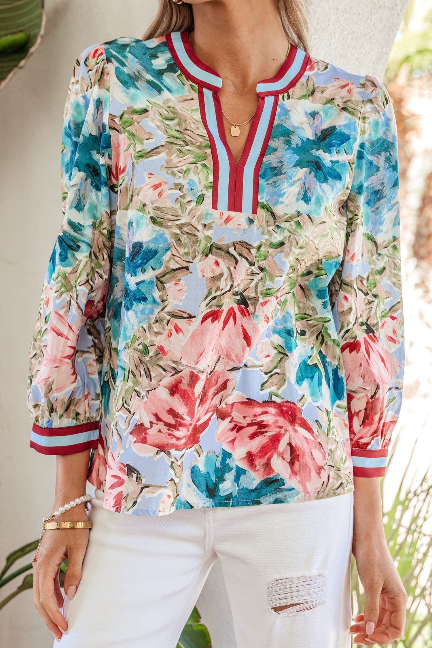 image-Sky Blue Floral Blouse V Neck Cuffed Sleeves