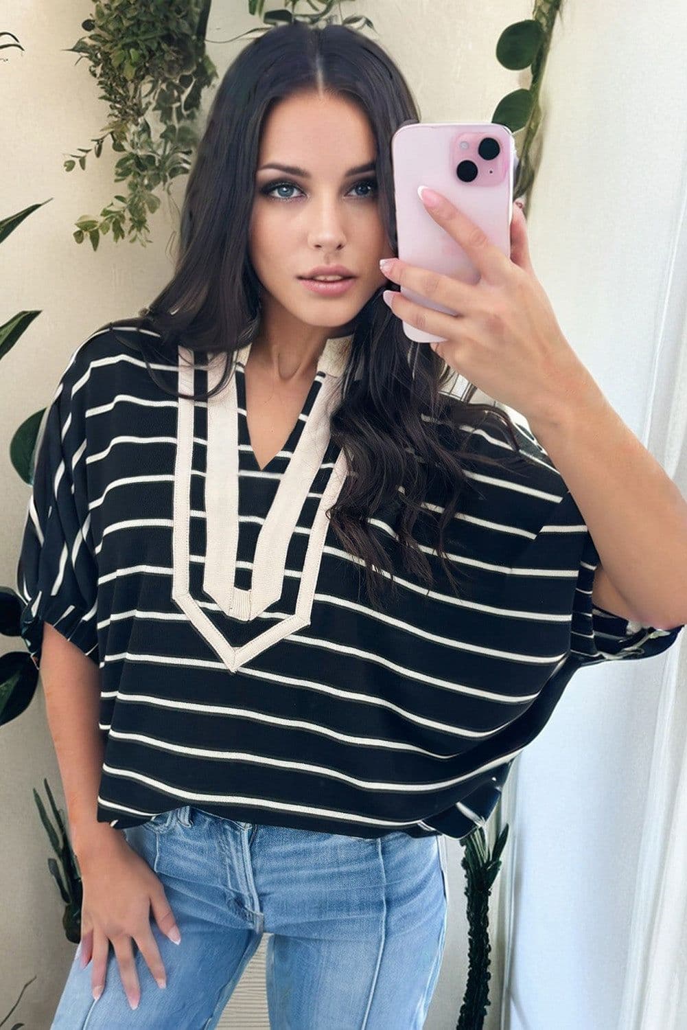 image-Black Stripe Stand Collar Dolman Top - Half Sleeve