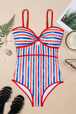 image-Red July 4th Stripes Star Floral Cutout Swimsuit