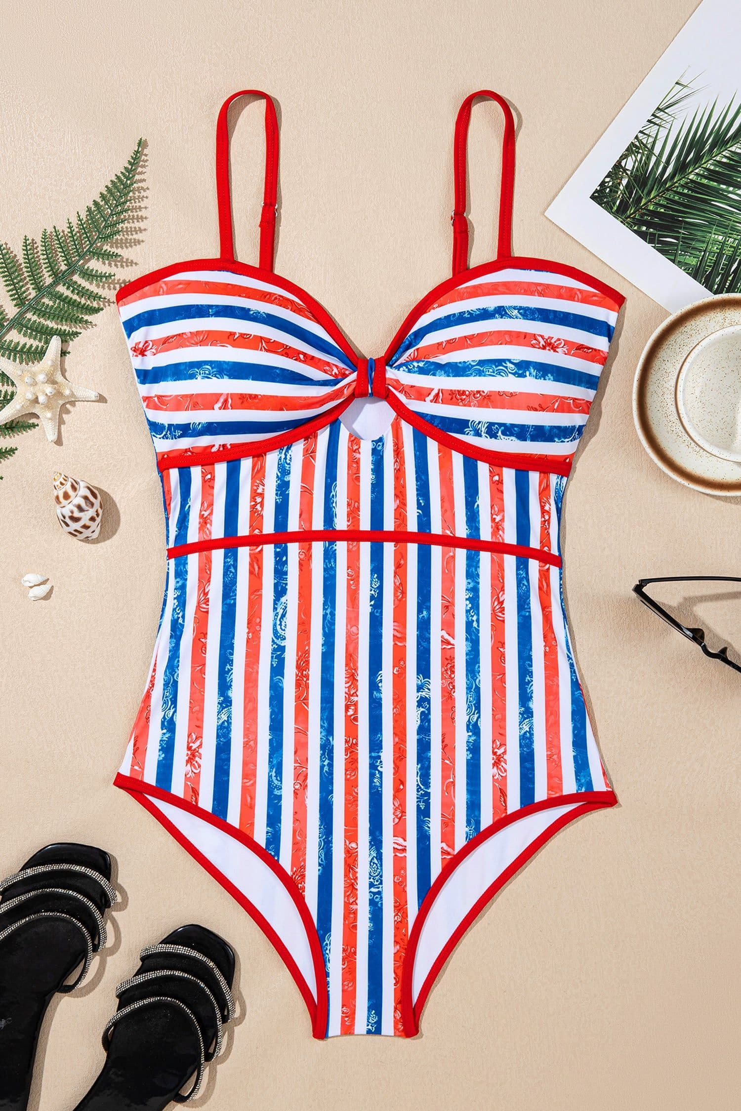 image-Red July 4th Stripes Star Floral Cutout Swimsuit