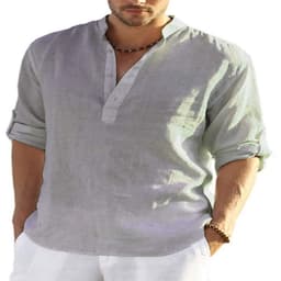 image-Men's Casual Cotton Linen Solid Color Long Sleeve Shirt Loose Stand Collar