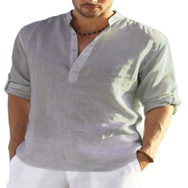image-Men's Casual Cotton Linen Solid Color Long Sleeve Shirt Loose Stand Collar