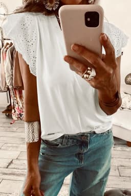 image-White Eyelet Embroidered Flutter Sleeve V-Neck Tee - 95% Cotton