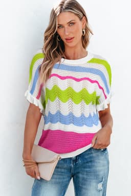 image-White Colorblock Crochet Knit Ruffled Short Sleeve Top