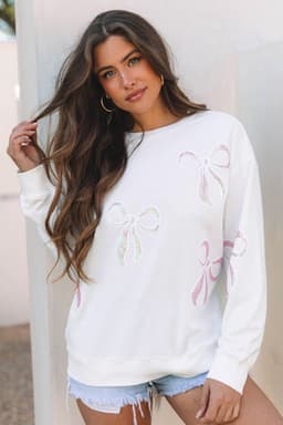 image-Bow Valentine Drop Shoulder Loose Beige Sweatshirt