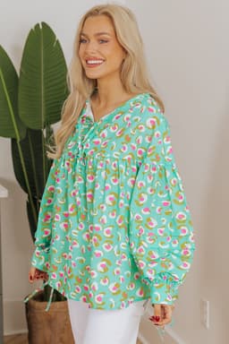 image-Green Abstract Lace-up Lantern Sleeve Babydoll Blouse
