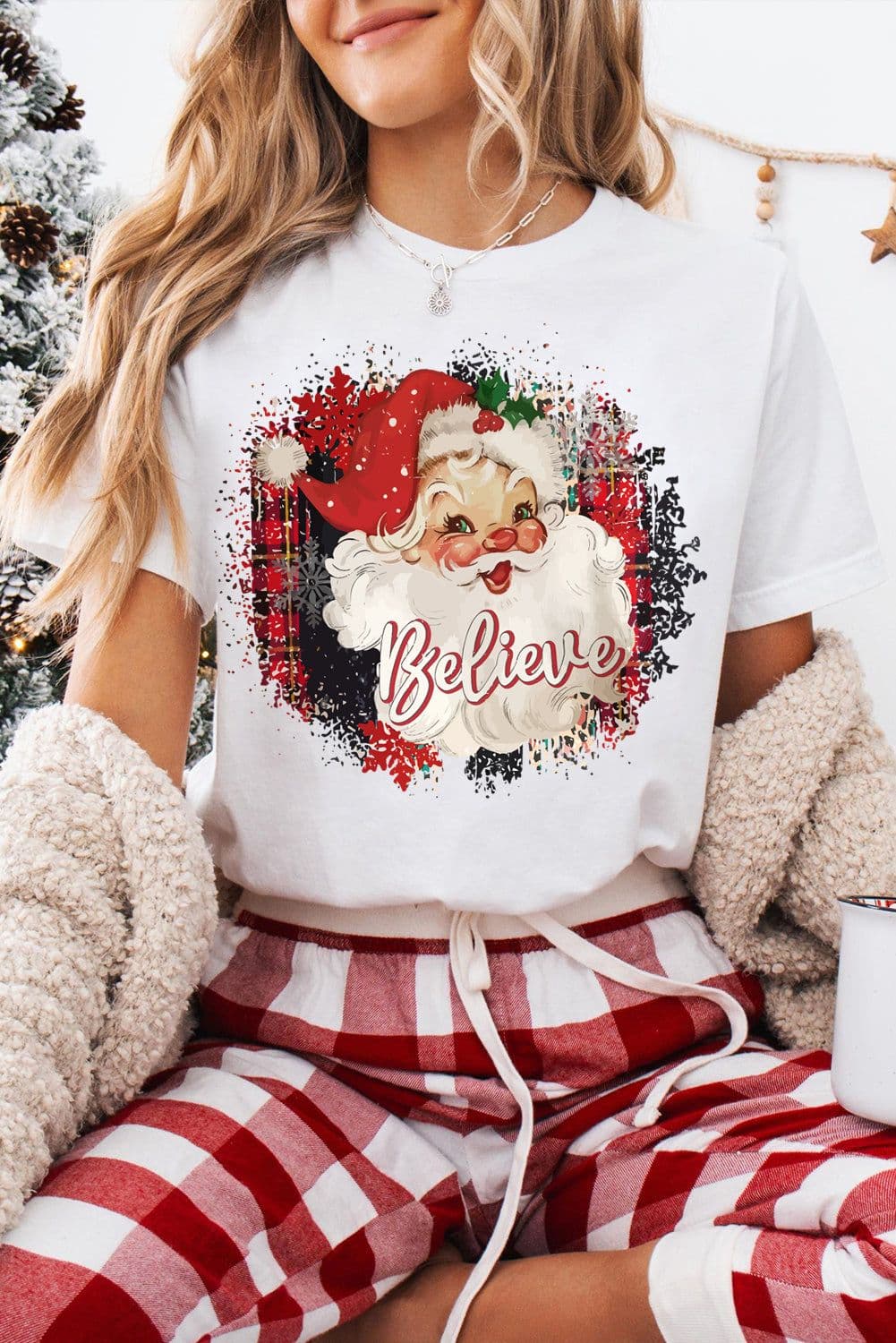 image-White Believe Christmas Father Graphic Crewneck T Shirt