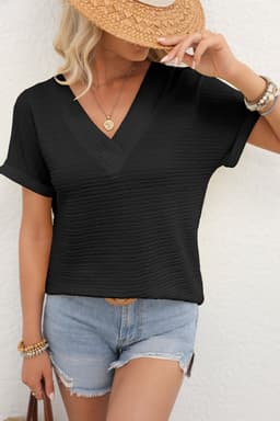 image-Khaki Textured Wide Sleeve V Neck T Shirt