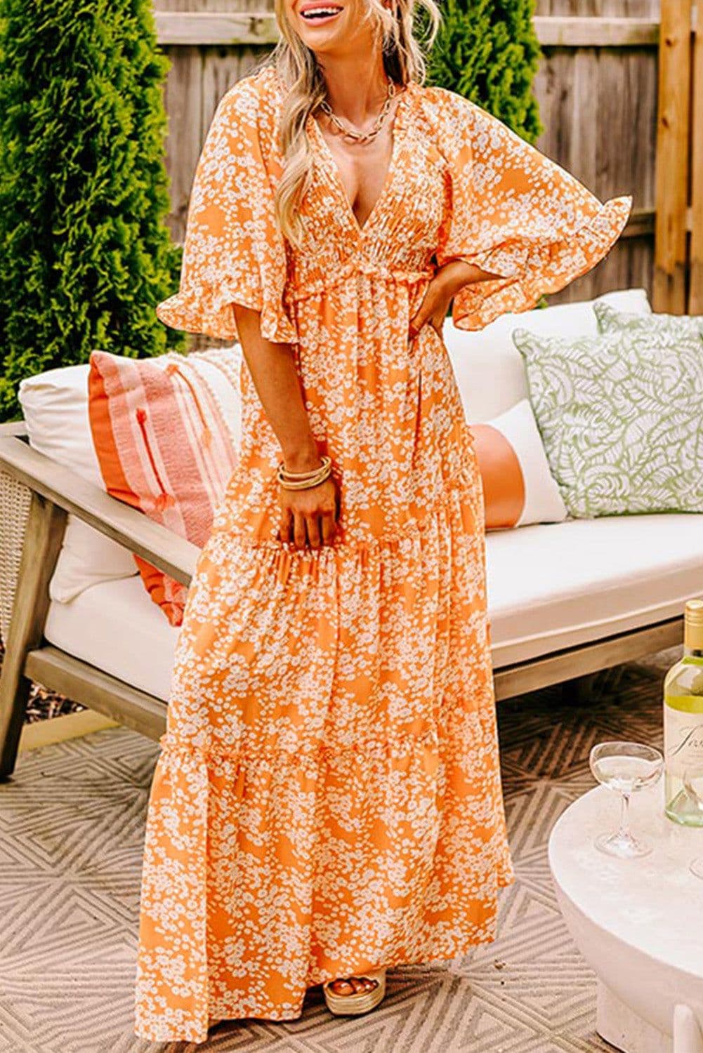 image-Orange Floral Smocked V Neck Maxi Dress Wide Sleeve