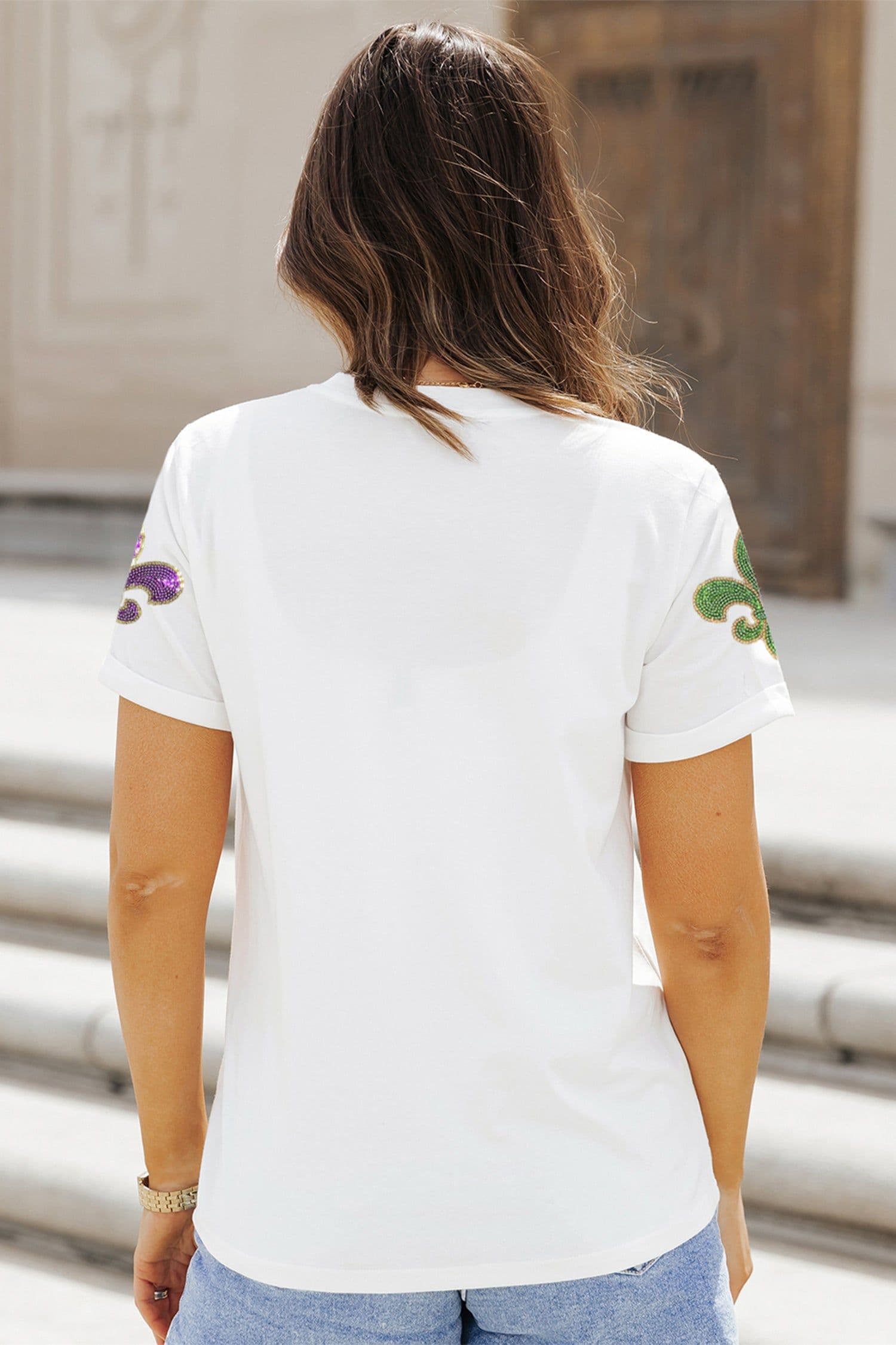 image-White Mardi Gras Fleur De Lis Sequin Graphic T-Shirt - White
