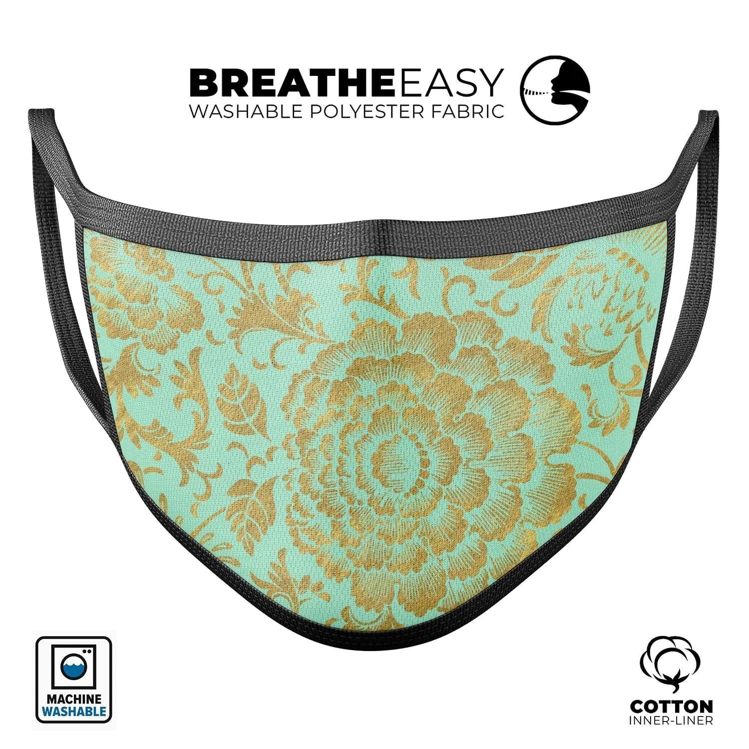 image-Mint and Gold Floral v2 - Made in USA Mouth Cover Unisex Anti-Dust