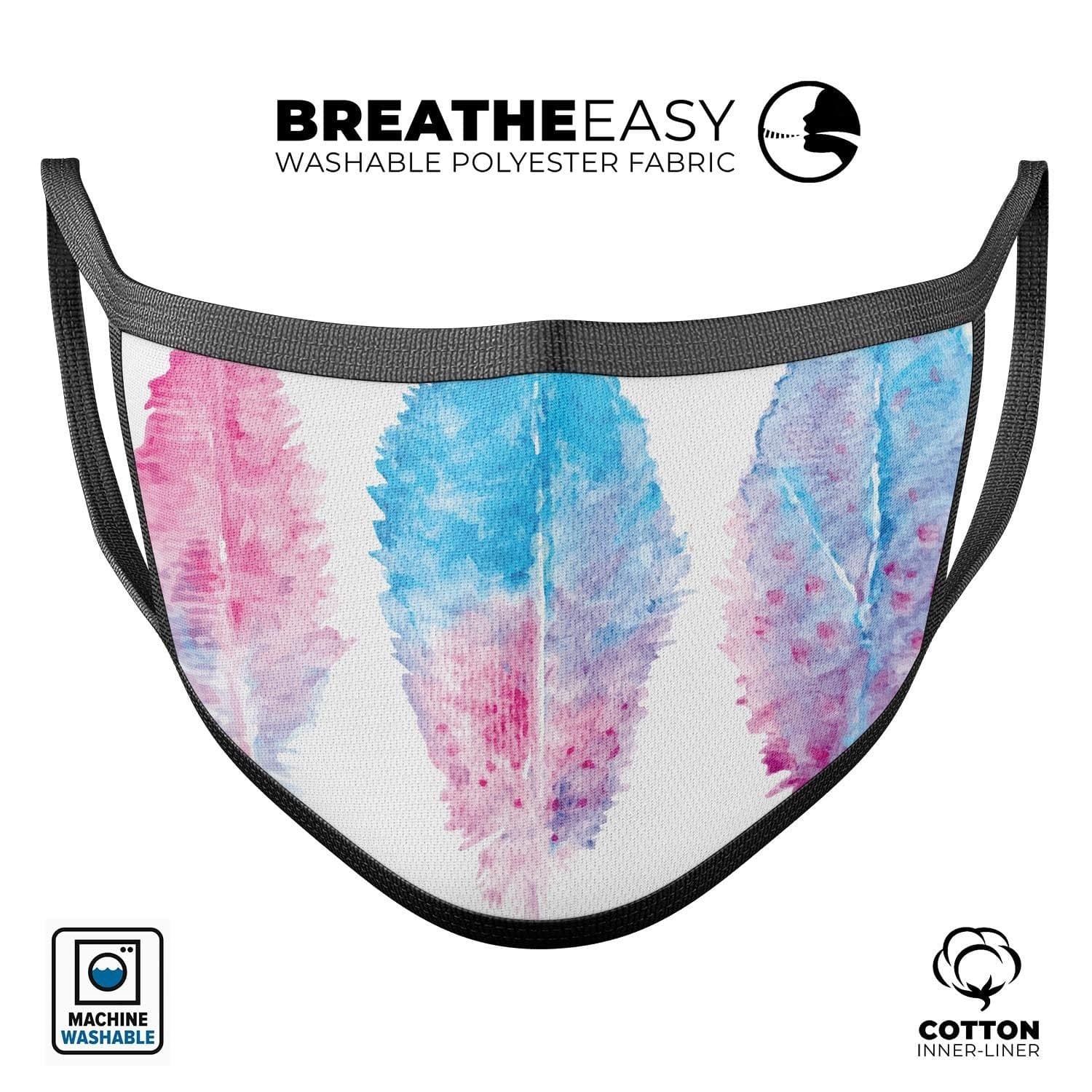 image-Blue & Pink Watercolor Feathers - Made in USA Mouth Cover Unisex