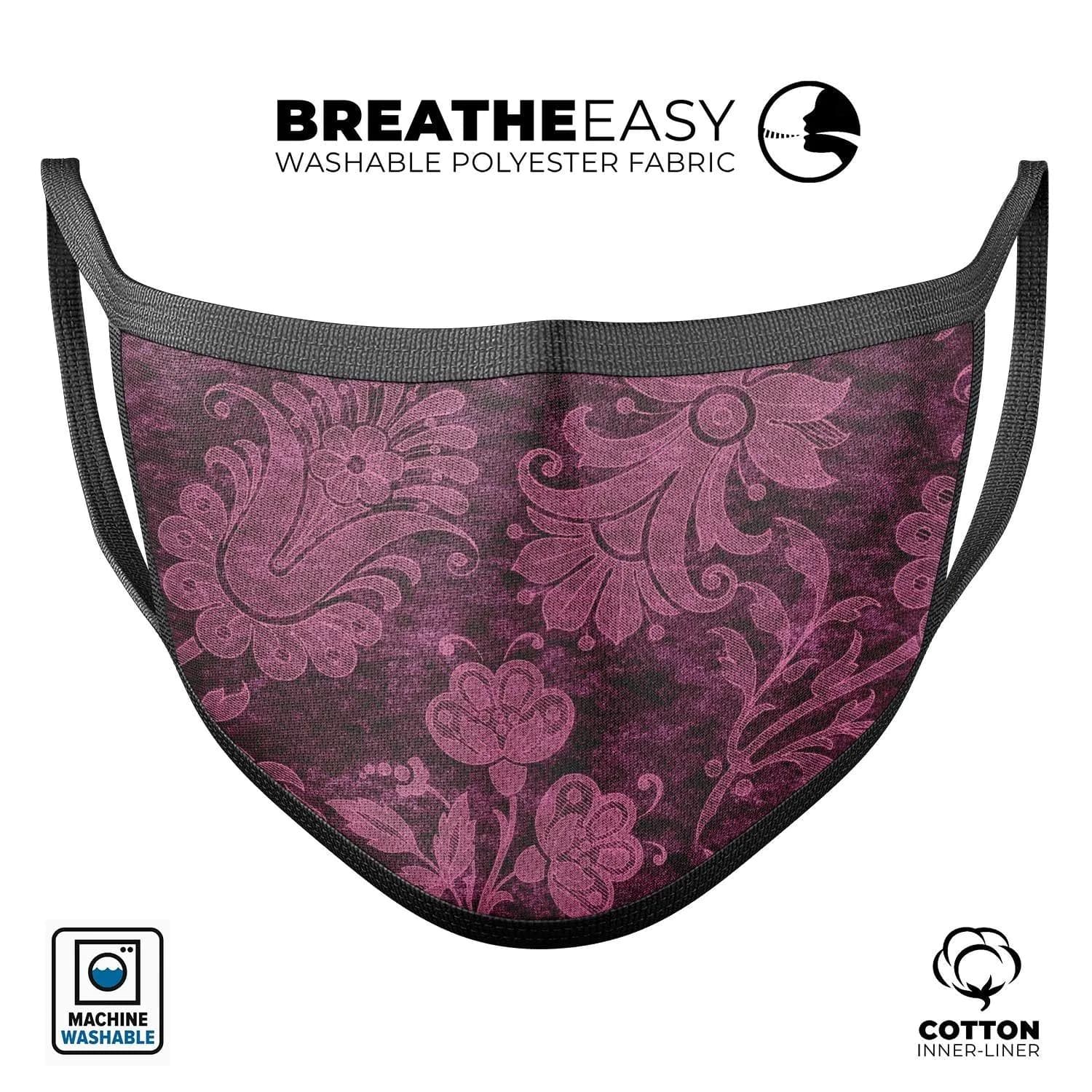 image-Burgundy Floral Velvet - Made in USA Mouth Cover Unisex Anti-Dust