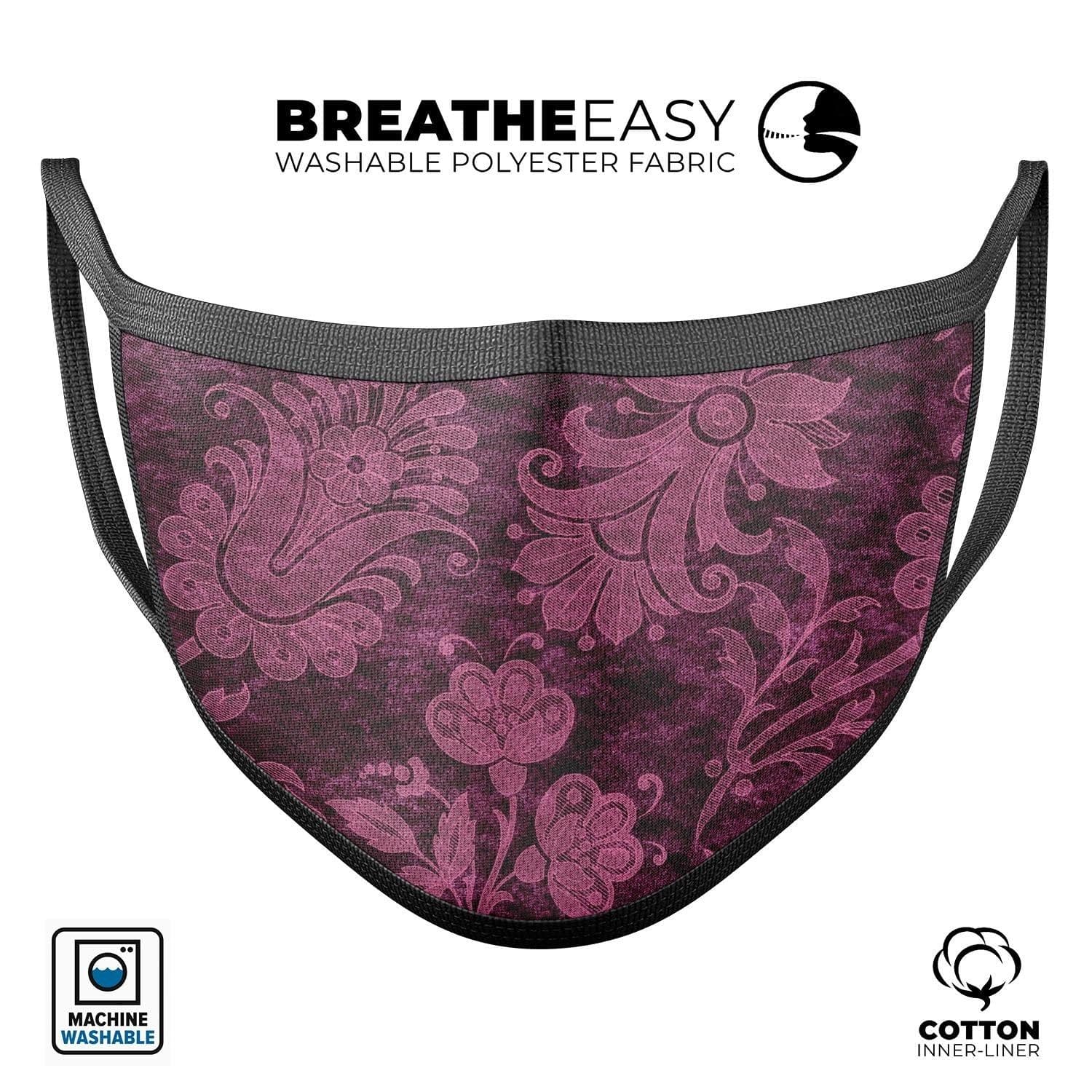 image-Burgundy Floral Velvet - Made in USA Mouth Cover Unisex Anti-Dust