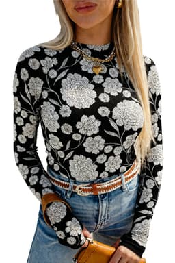 image-Black Thumbhole Long Sleeve Floral Print Mesh Top