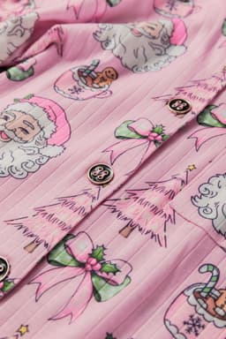 image-Pink Christmas Print Ruffled Ribbed Shirt & Pants 2 Piece PJ Set