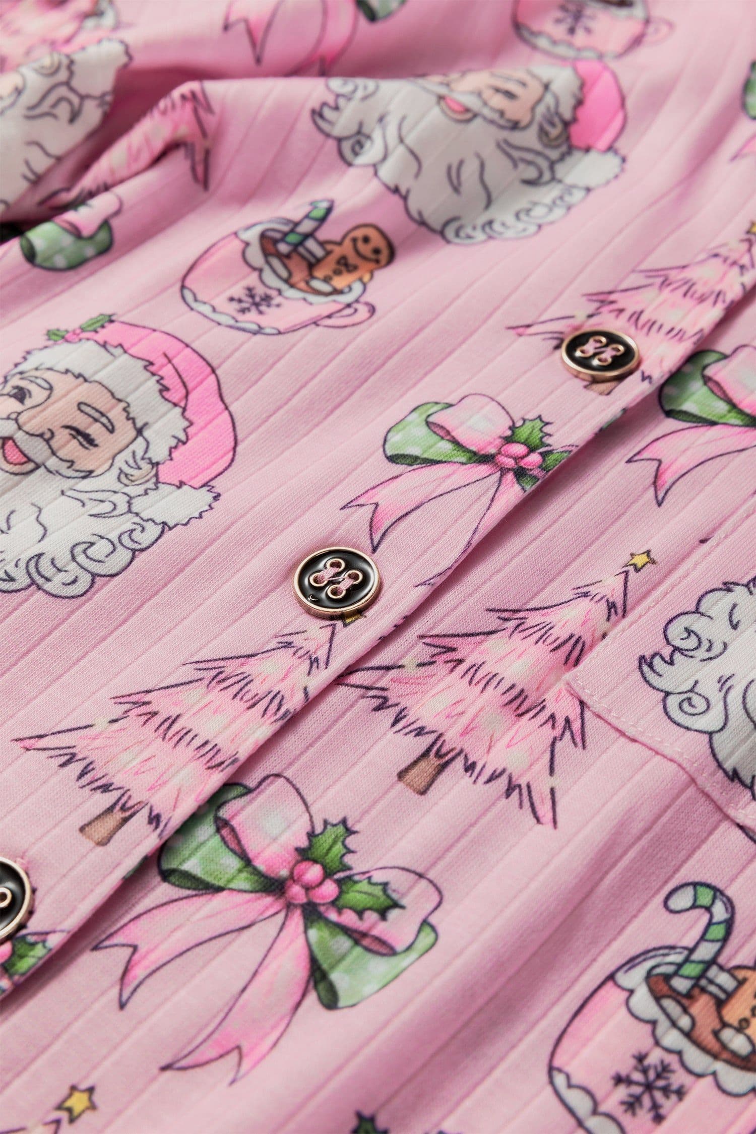 image-Pink Christmas Print Ruffled Ribbed Shirt & Pants 2 Piece PJ Set
