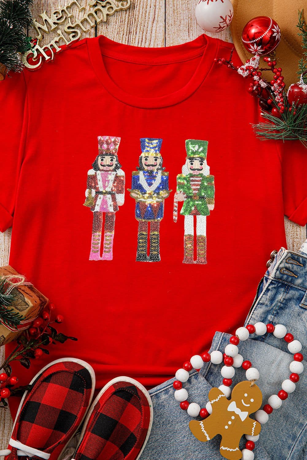 image-Red Sequin Nutcracker Graphic Cuffed T-Shirt